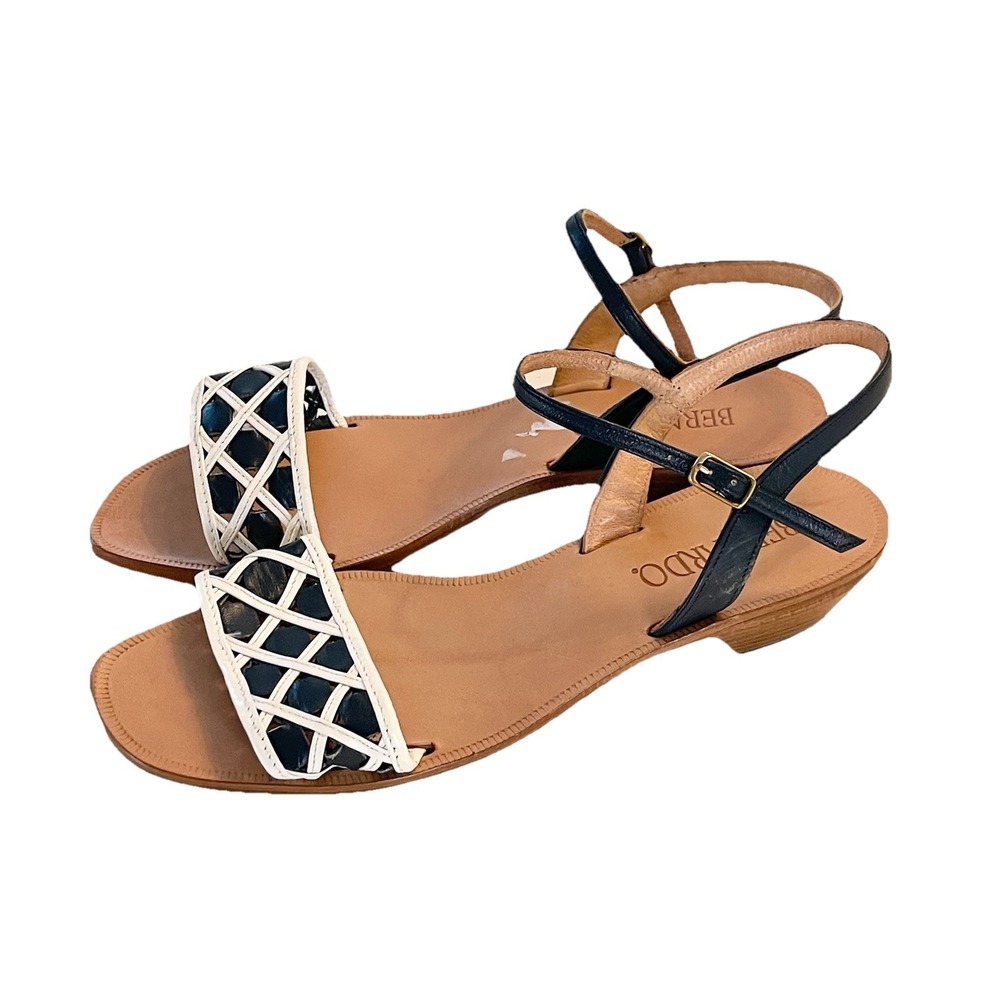 Bernardo Leather Ankle Strap Sandals Woven Navy White Brown Made in Italy Size 7